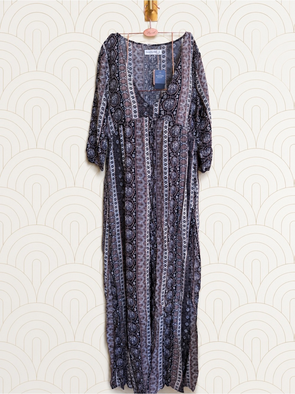 NWT Abercrombie and Fitch Boho Printed Maxi Dress in Black and Taupe